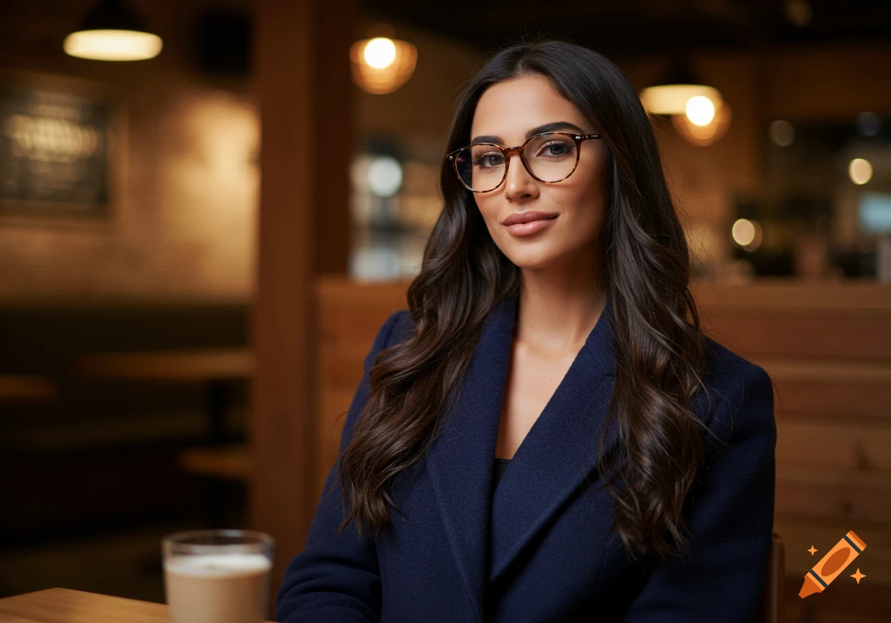 A beautiful woman with long dark wavy hair and fashionable glasses sits smiling in a cafe, wearing a navy coat.