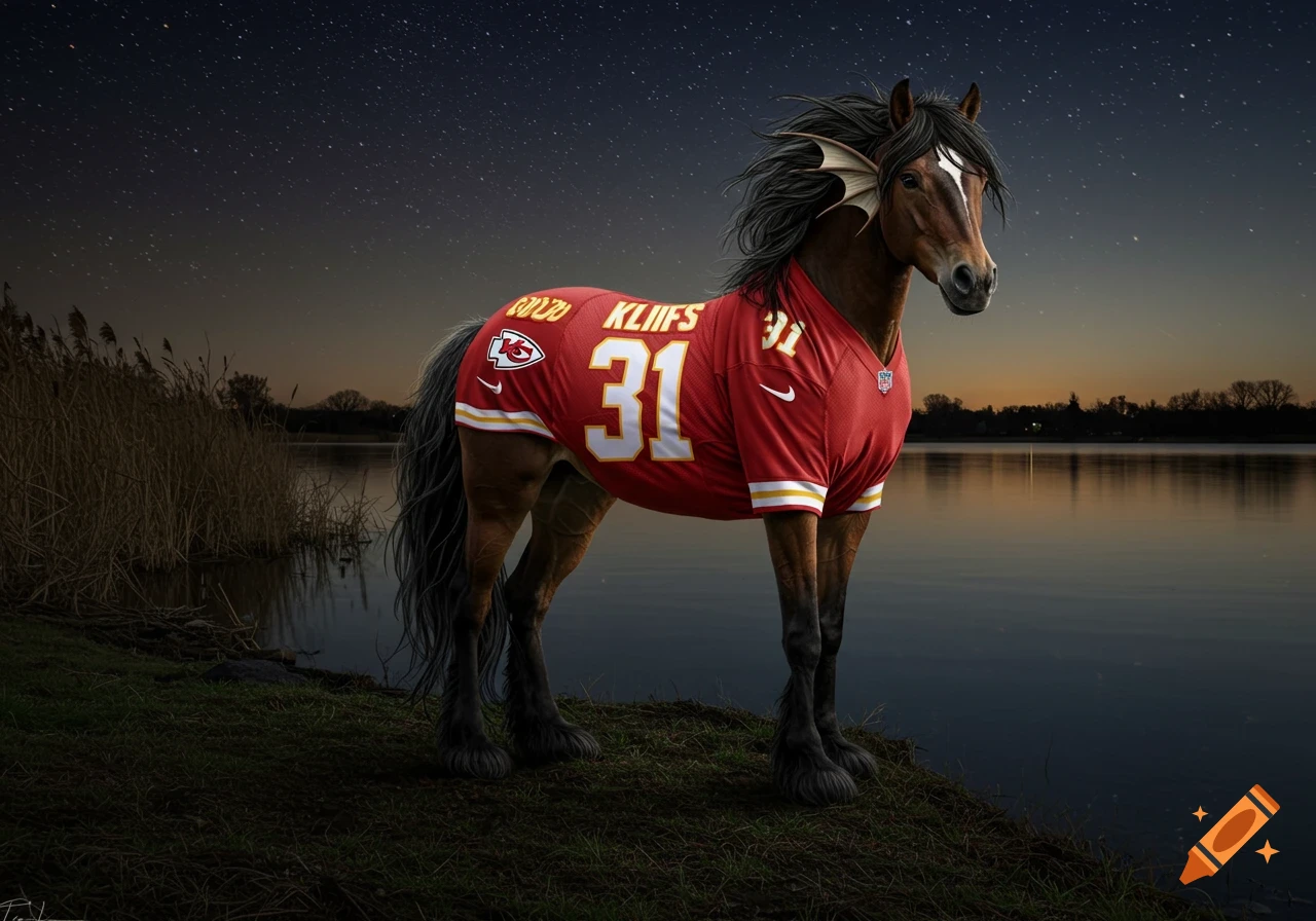 A photorealistic fantasy image of a kelpie horse wearing a red Kansas City Chiefs jersey with "KLIFFS 31" standing by a lake at night.