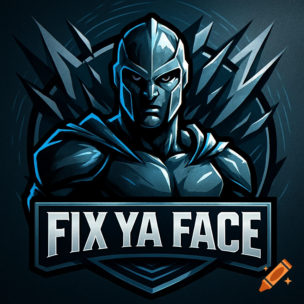 Stylized logo of a helmeted warrior in blue and silver armor with 'FIX YA FACE' text.