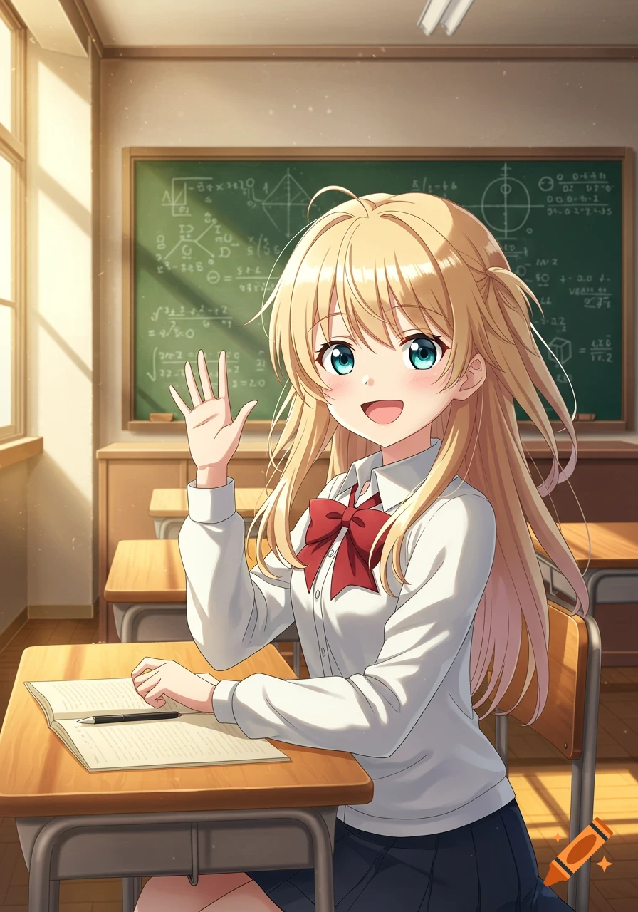 A blonde anime girl in a school uniform waves from her desk in a sunny classroom.