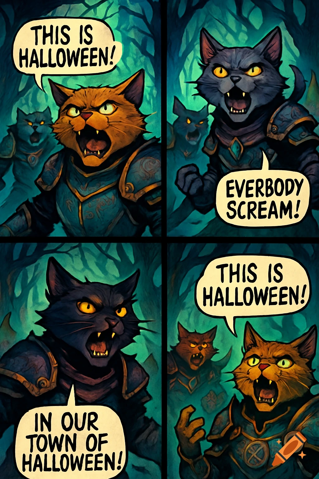 Comic panels show four armored warrior cats singing Halloween lyrics in a dark forest. Speech bubbles include 'THIS IS HALLOWEEN!', 'EVERBODY SCREAM!', and 'IN OUR TOWN OF HALLOWEEN!'