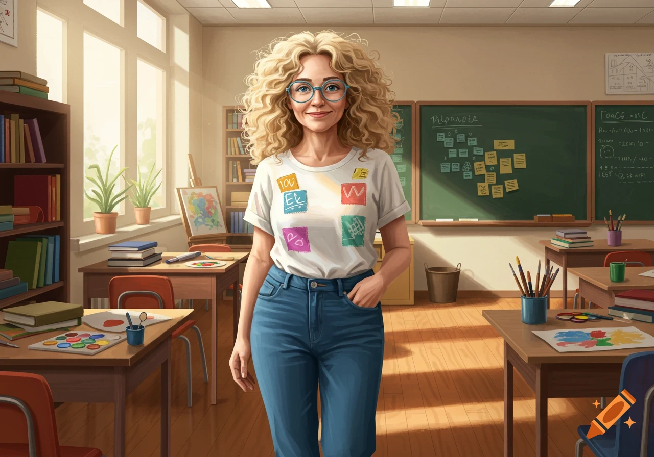 A smiling female teacher with curly blonde hair and blue glasses stands in a bright classroom.