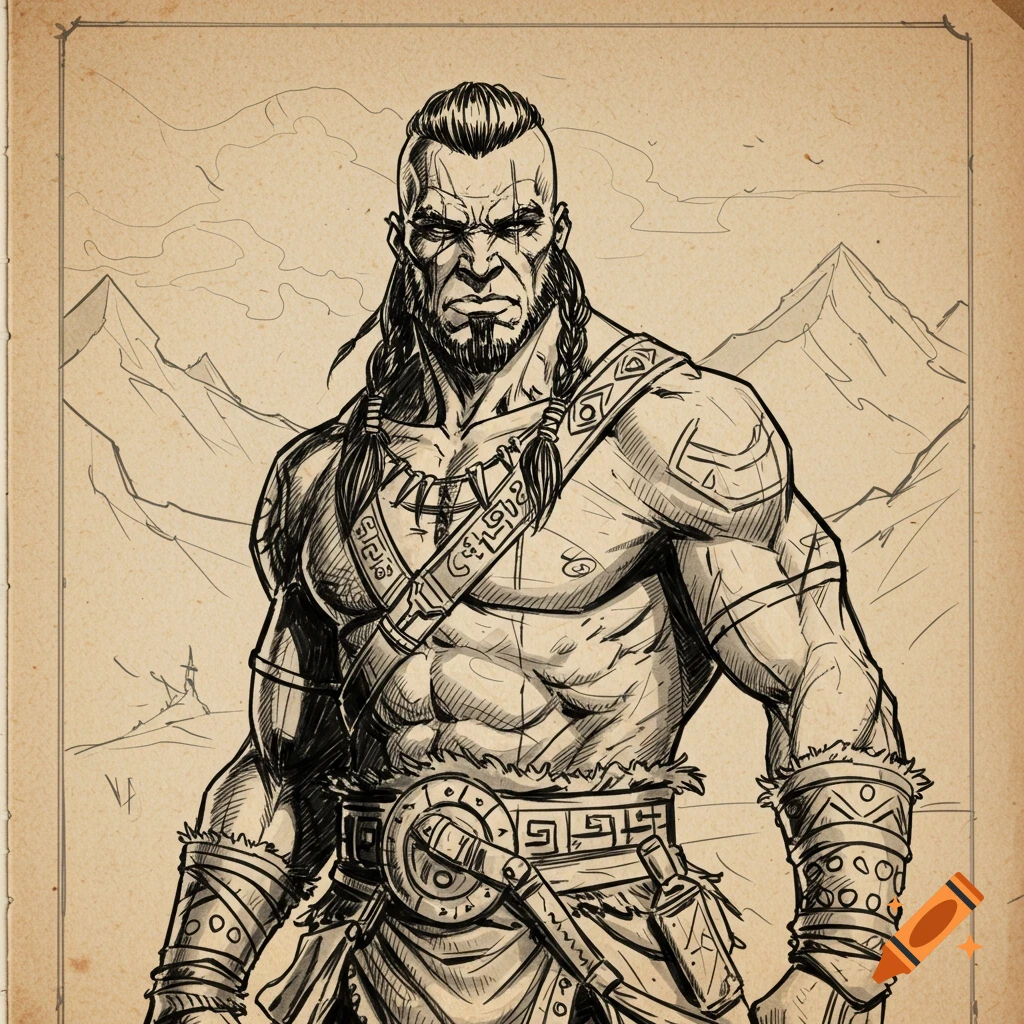 Detailed ink sketch of a stern, muscular barbarian with a mohawk and braids, wearing furs and tribal gear, on aged paper with a mountain background.