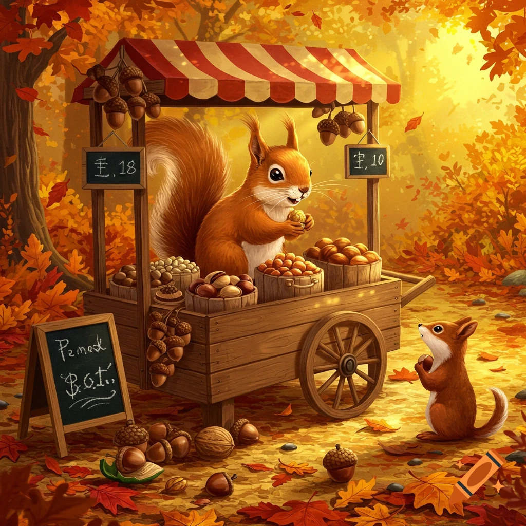 A whimsical illustration of a large squirrel selling nuts from a striped market stall in a sunny autumn forest, with a smaller squirrel looking on.