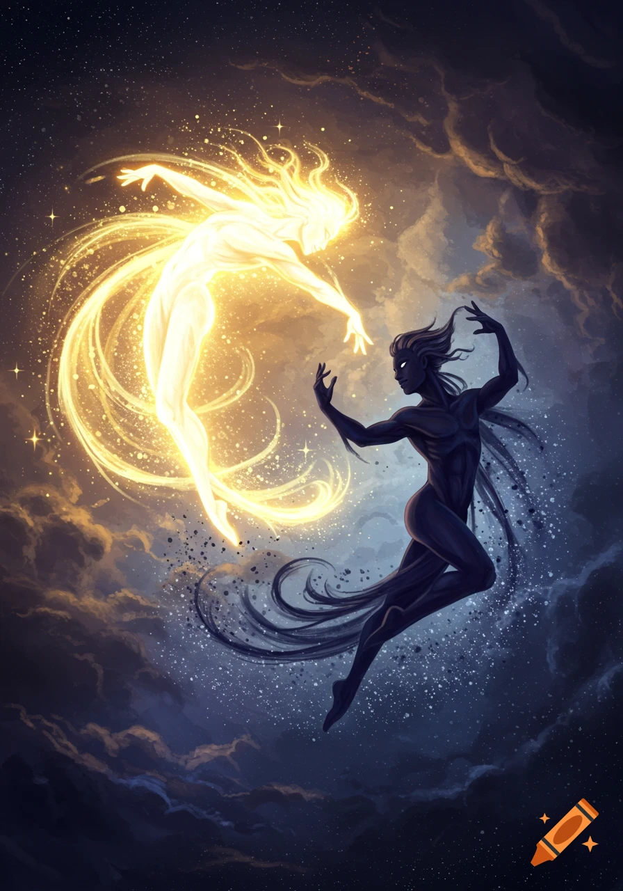 A digital painting of a glowing golden figure and a dark figure reaching towards each other in a cosmic, starry sky.