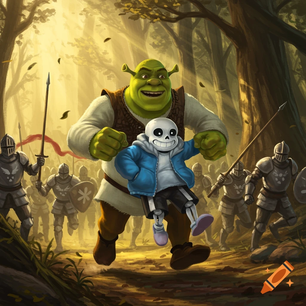 Shrek, the green ogre, carries Sans, the skeleton, running through a sun-dappled forest while being chased by armored knights. Digital art style.