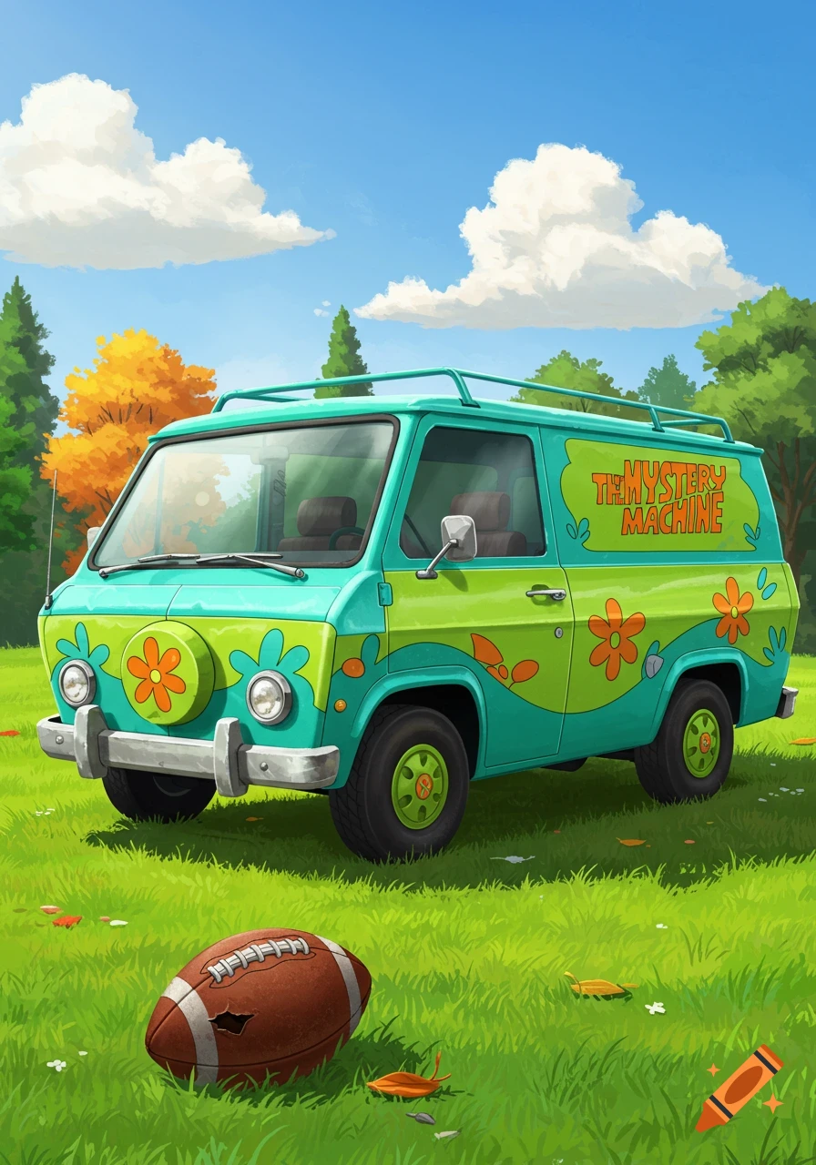 Vibrant cartoon of the Scooby-Doo Mystery Machine van parked on a green lawn with a football and autumn leaves, under a blue sky.