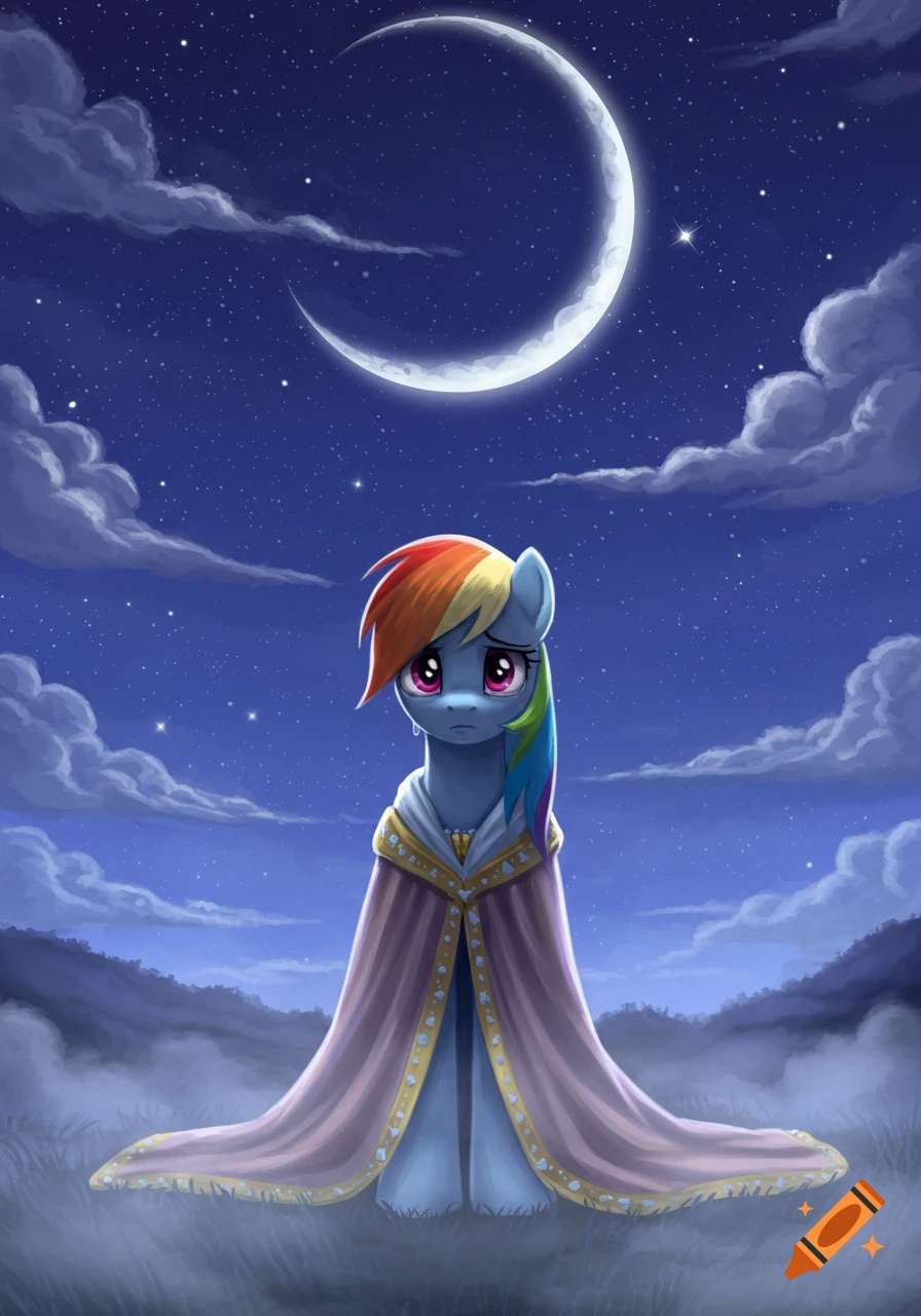 Rainbow Dash, a blue pony with a rainbow mane, wearing a purple and gold robe, looks sad under a crescent moon in a starry night sky.