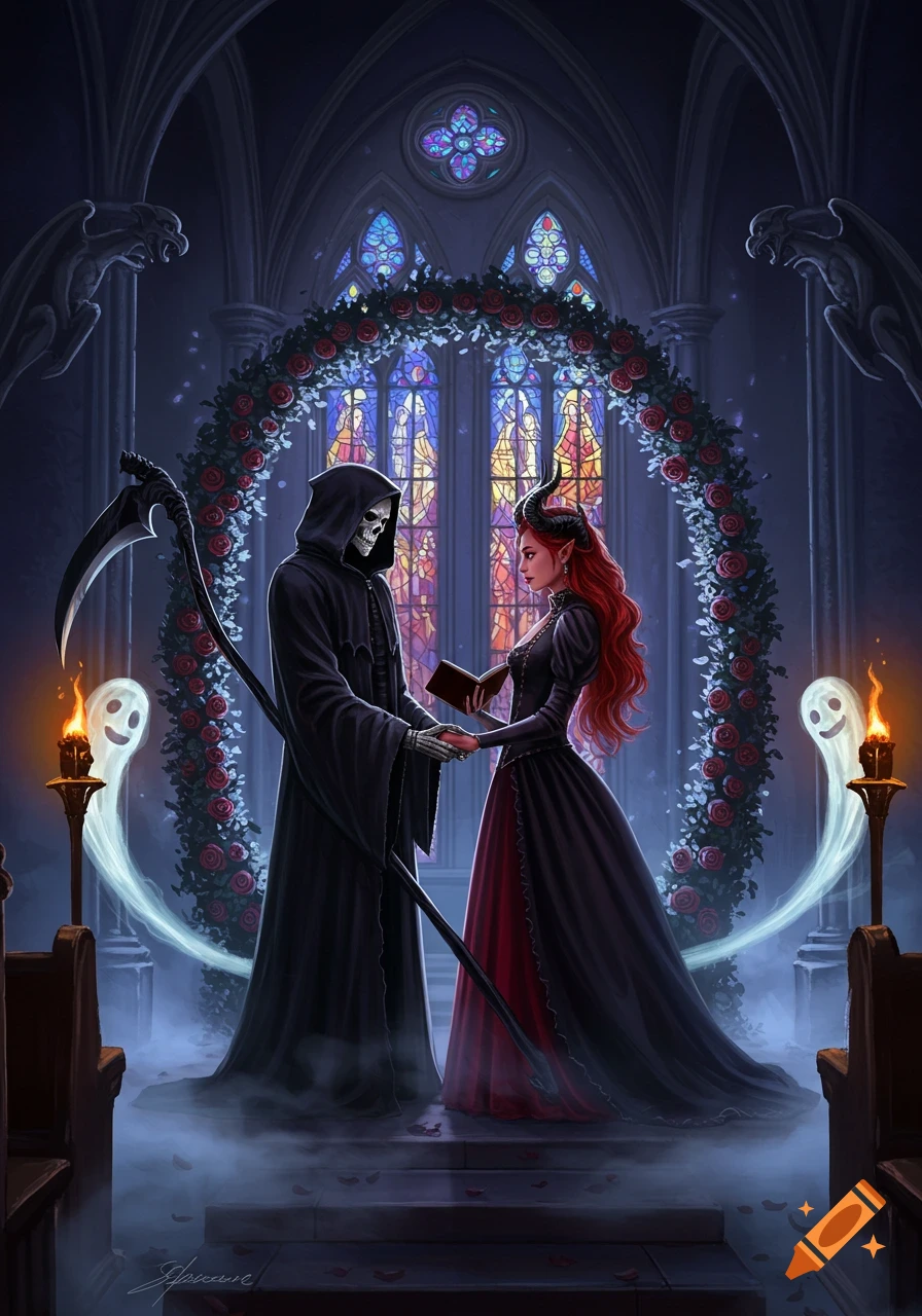 A Grim Reaper and a succubus stand hand-in-hand in a gothic church under a rose arch, with two smiling ghosts beside them.