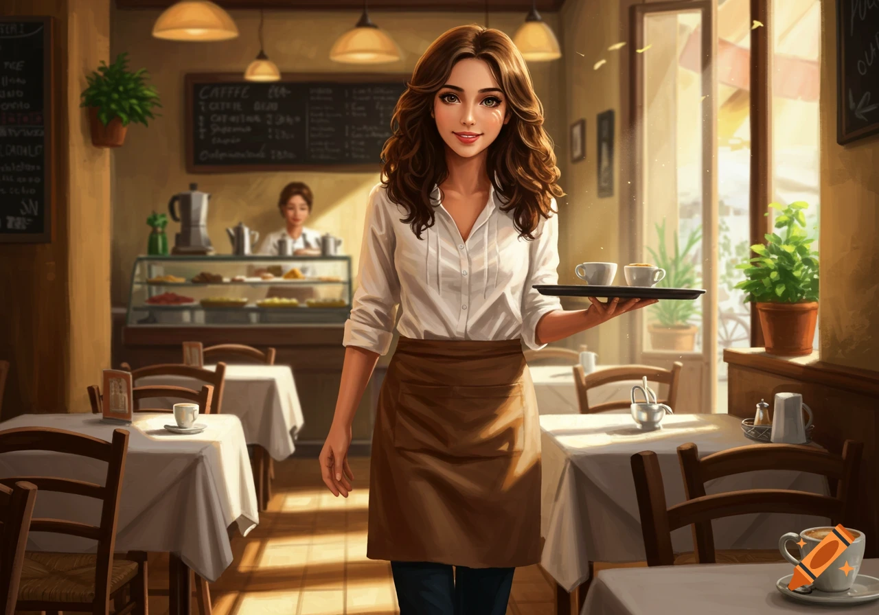 A friendly female waiter with wavy brown hair smiles while holding a tray with two coffee cups in a brightly lit cafe.