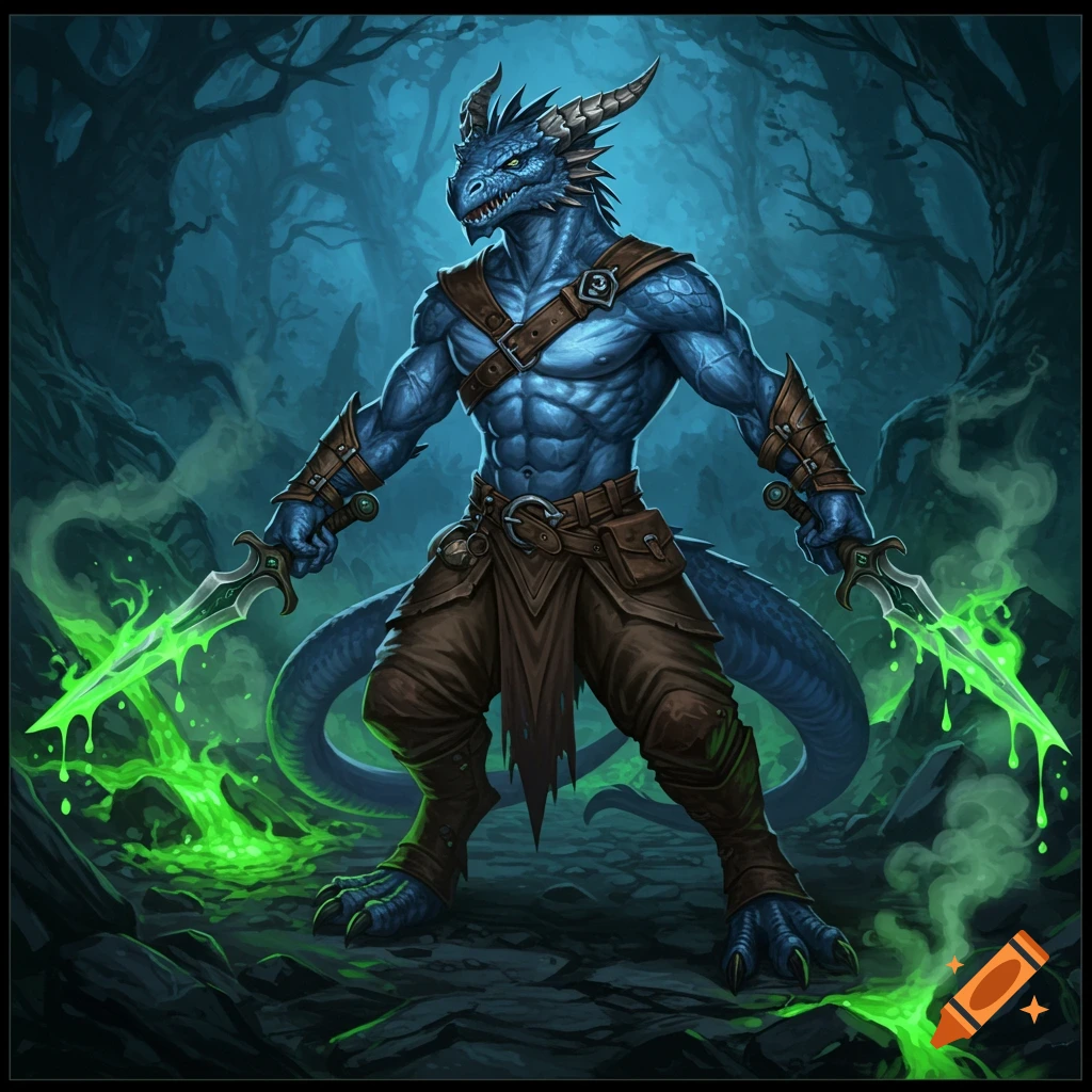 A muscular blue-skinned dragonborn warrior stands in a dark forest, holding two daggers, one dripping green acid.