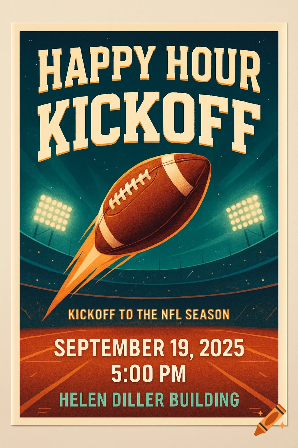 Vintage style football event poster for 'Happy Hour Kickoff' on September 19, 2025, with a flying football over a stadium.