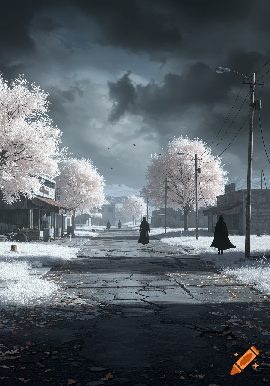 A melancholic, run-down town under dark clouds, featuring pale white trees, cracked roads, and cloaked figures walking.