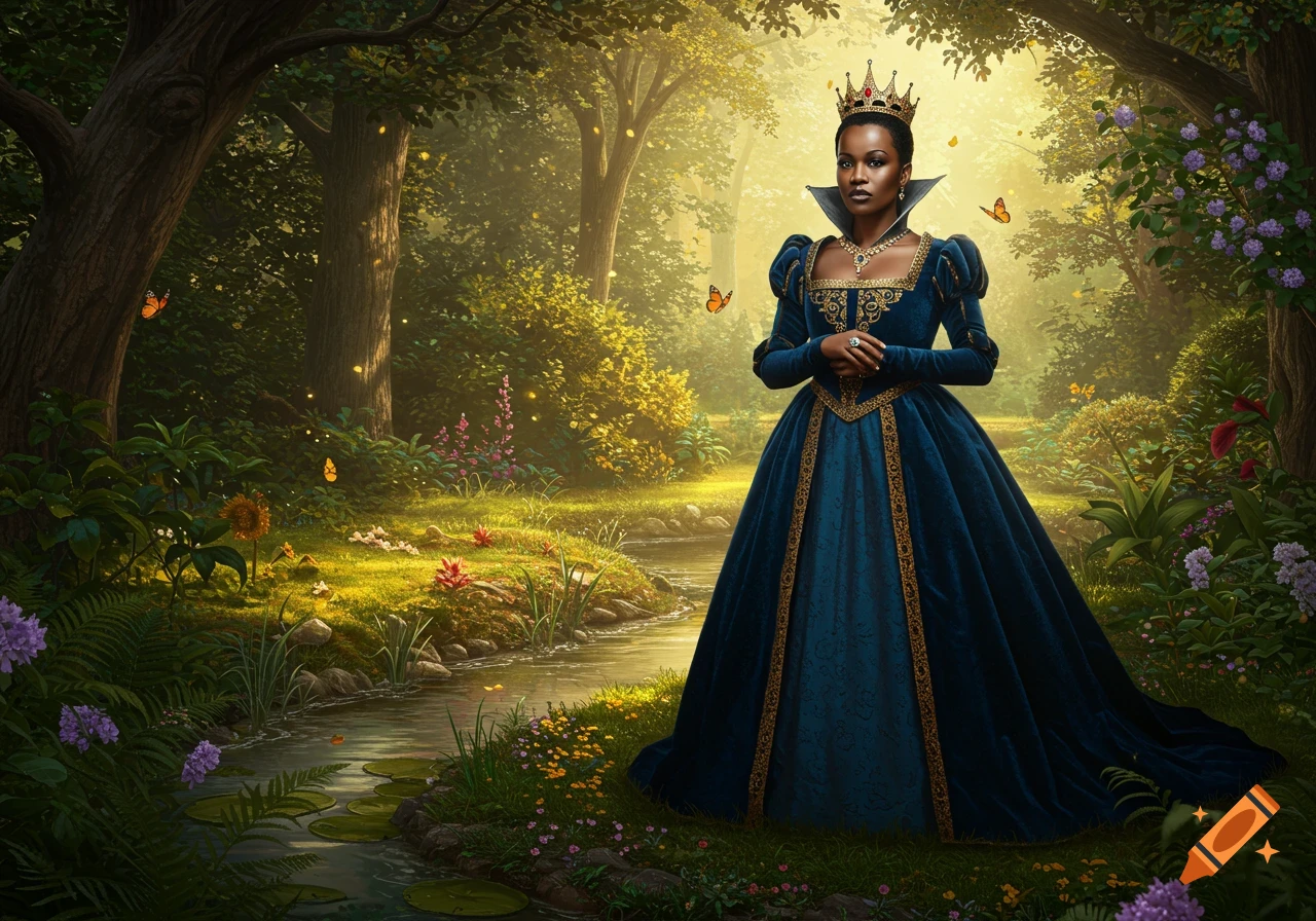 A Black queen in an elaborate blue and gold gown and a crown stands serenely in a lush, sun-dappled fantasy forest with a stream and butterflies.