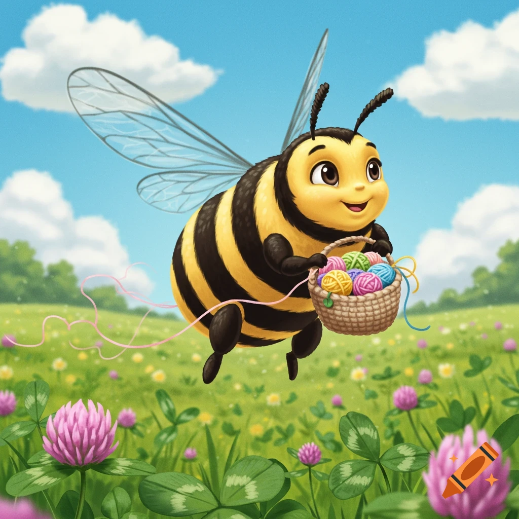 A cute cartoon bee with a happy expression flies over a green clover field, holding a woven basket filled with colorful yarn.