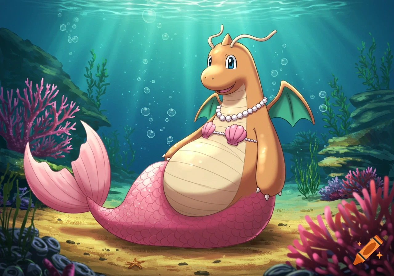 A smiling Dragonite mermaid with a pink tail, seashell bra, and pearl necklace rests on the sea floor, surrounded by coral in anime style.