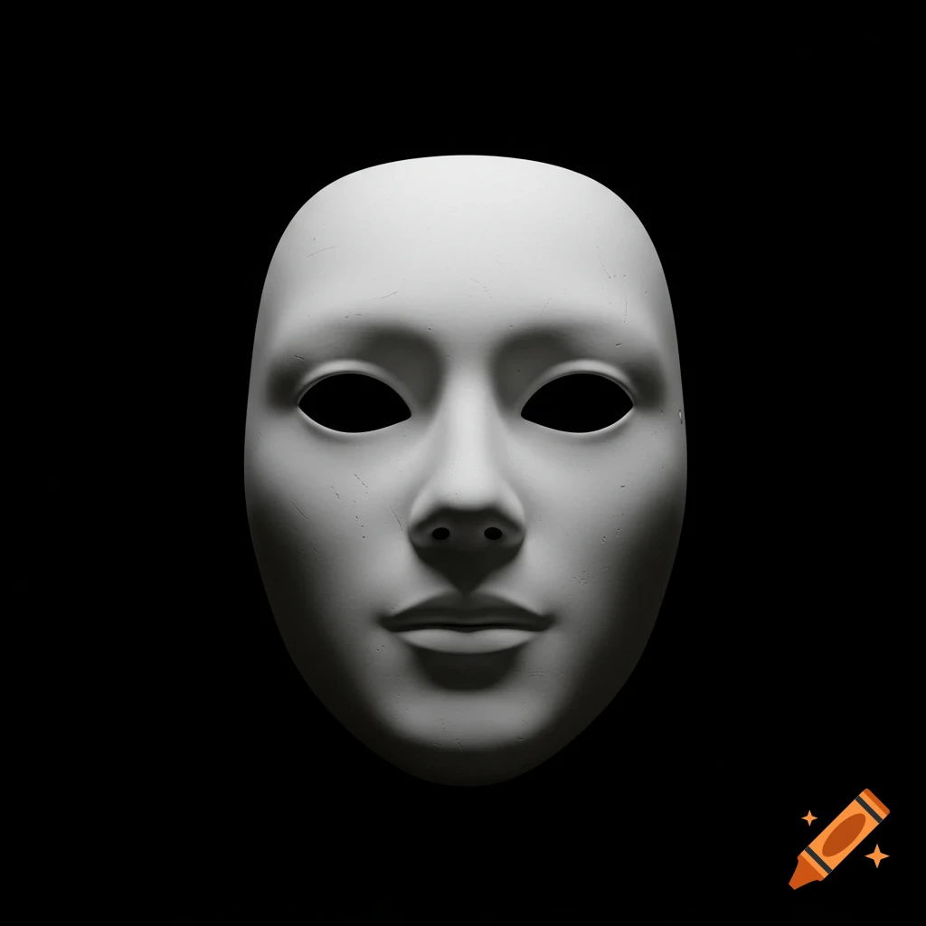 A minimalist shot of a smooth, featureless white mask with black eyeholes, against a dark black background.