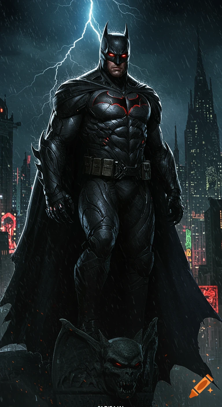 A muscular Batman in a dark armored suit with glowing red eyes and emblem stands on a gargoyle during a thunderstorm, with Gotham City in the background. Digital art.
