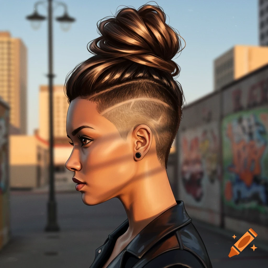 Stylized portrait of a woman with a shaved undercut and topknot hairstyle, in an urban alley with graffiti.