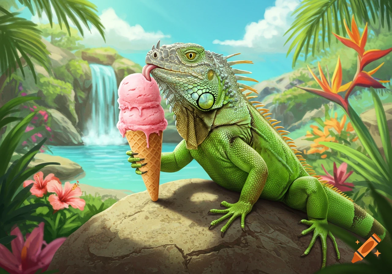 A vibrant green iguana with spiky scales licks a pink double-scoop ice cream cone in a lush tropical jungle with a waterfall.