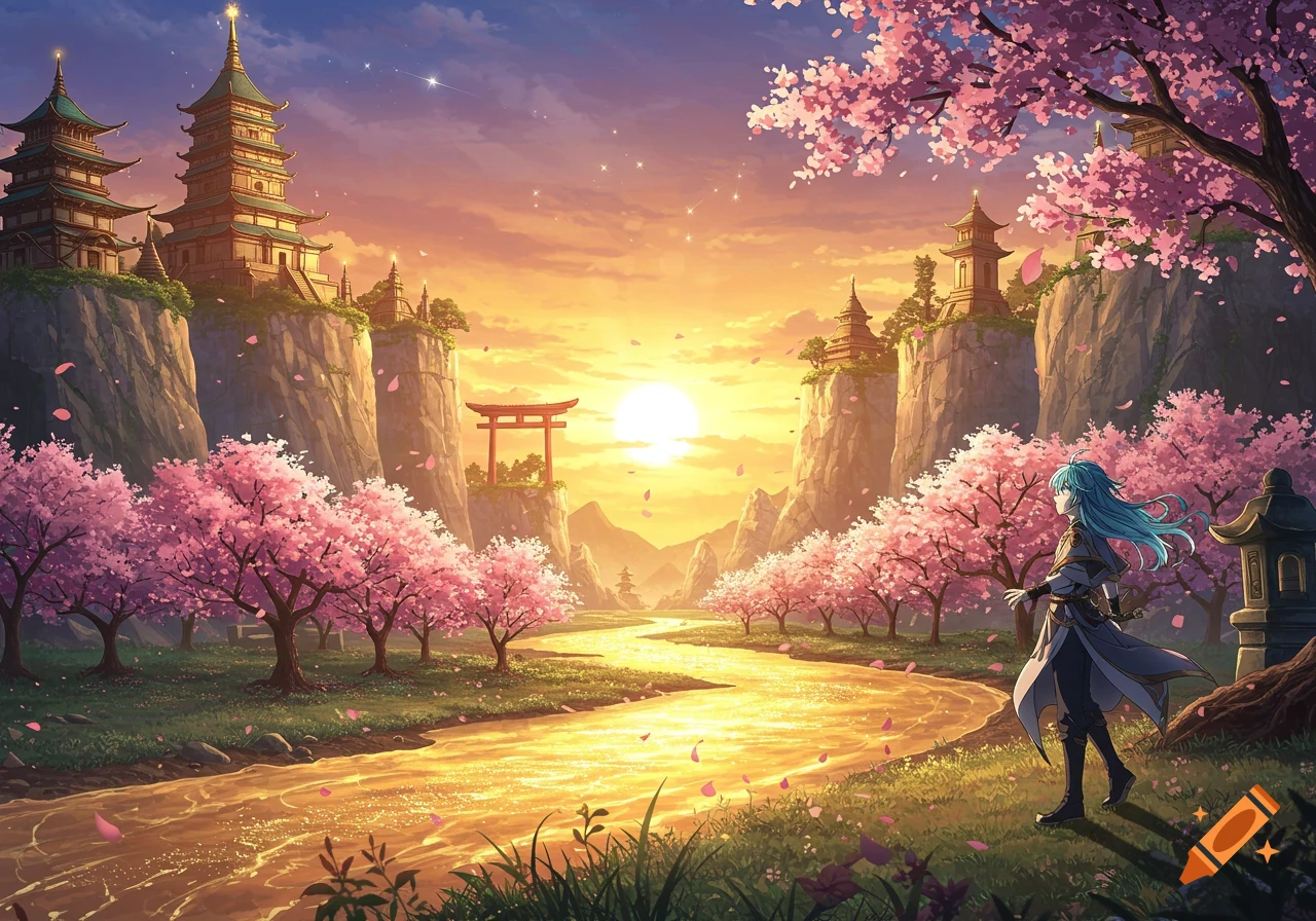Anime character in a beautiful cherry blossom landscape with pagodas and a luminous river under a sunset sky.