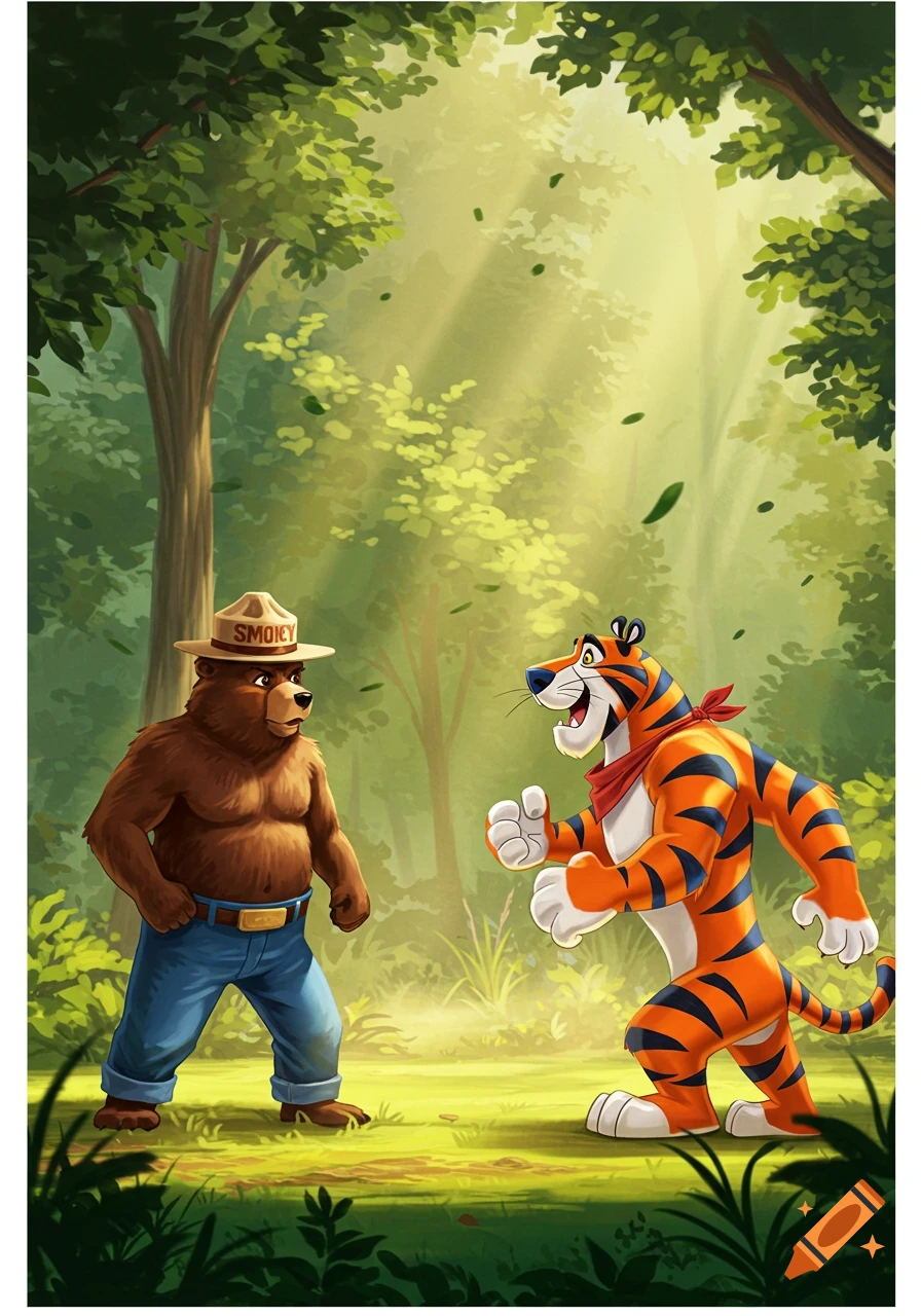 Smokey Bear and Tony the Tiger face each other in a vibrant cartoon illustration set in a sunlit forest.