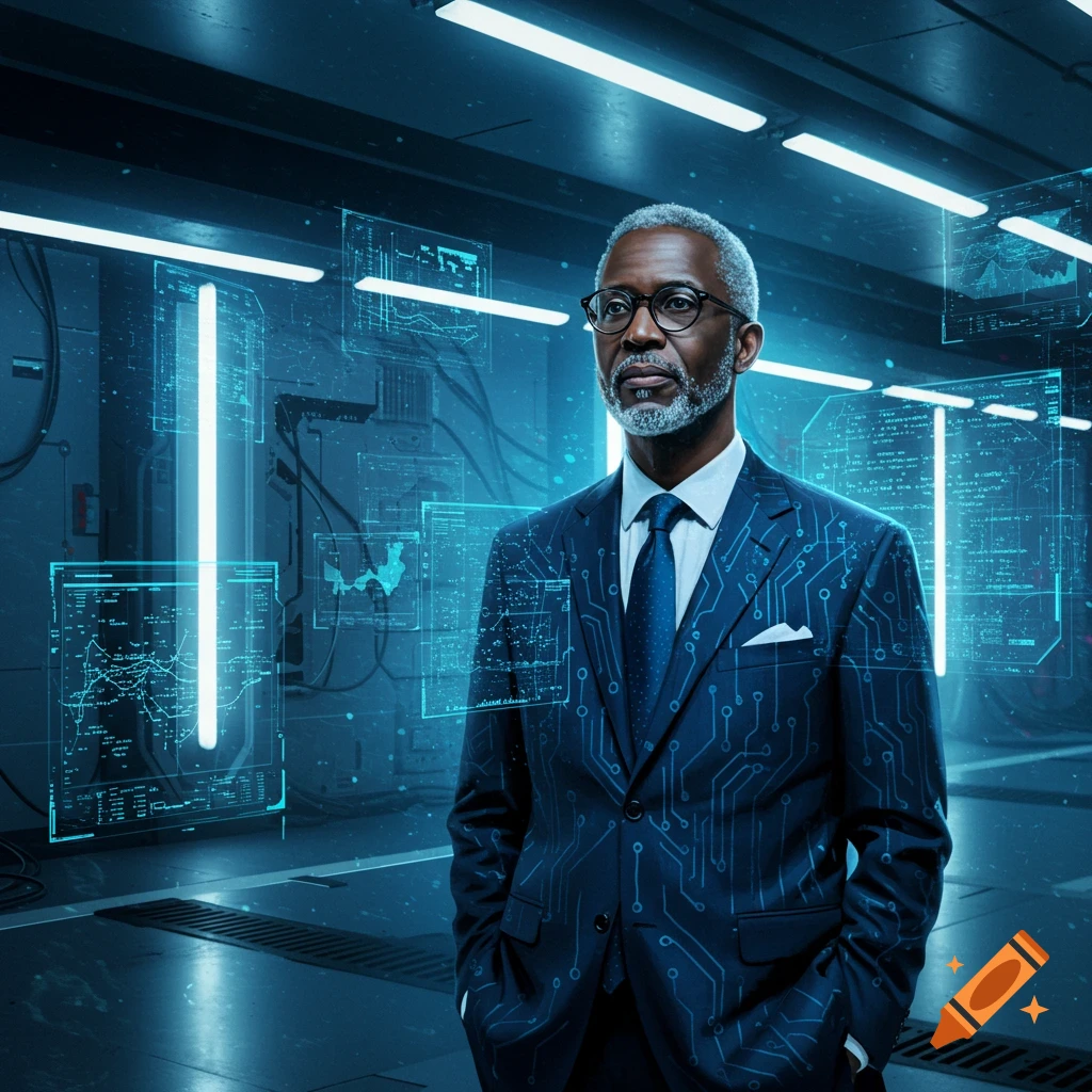 A dapper African American man with a gray beard and glasses, wearing a suit with circuit patterns, stands in a futuristic, neon-blue data lab surrounded by holographic screens.