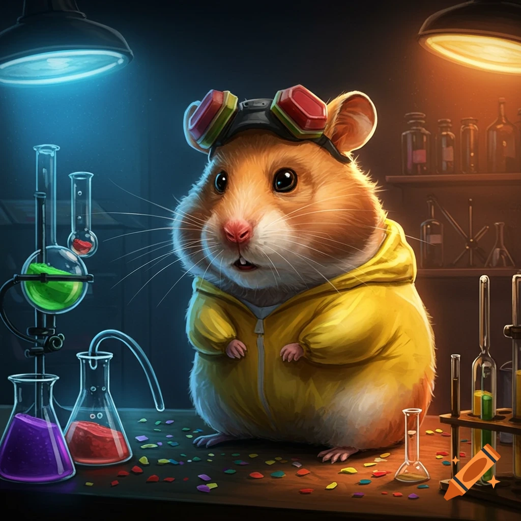 A cute fluffy hamster in a yellow hoodie and goggles stands in a laboratory filled with colorful beakers and test tubes.
