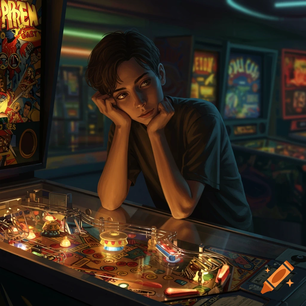 A young person with dark hair leans contemplatively on a brightly lit pinball machine in a dimly lit arcade, digital painting.