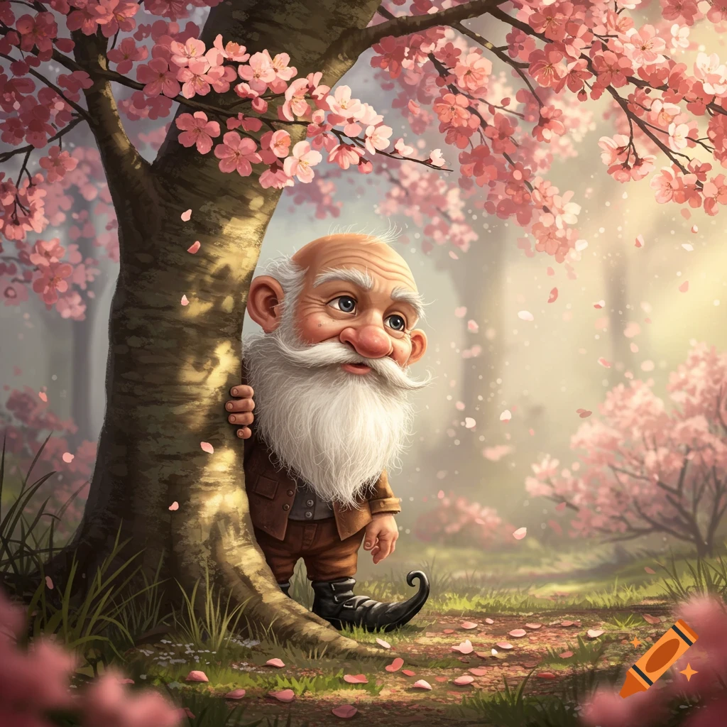 A whimsical gnome with a long white beard peeks from behind a tree in a magical cherry blossom forest, wearing a brown jacket and curled boots.