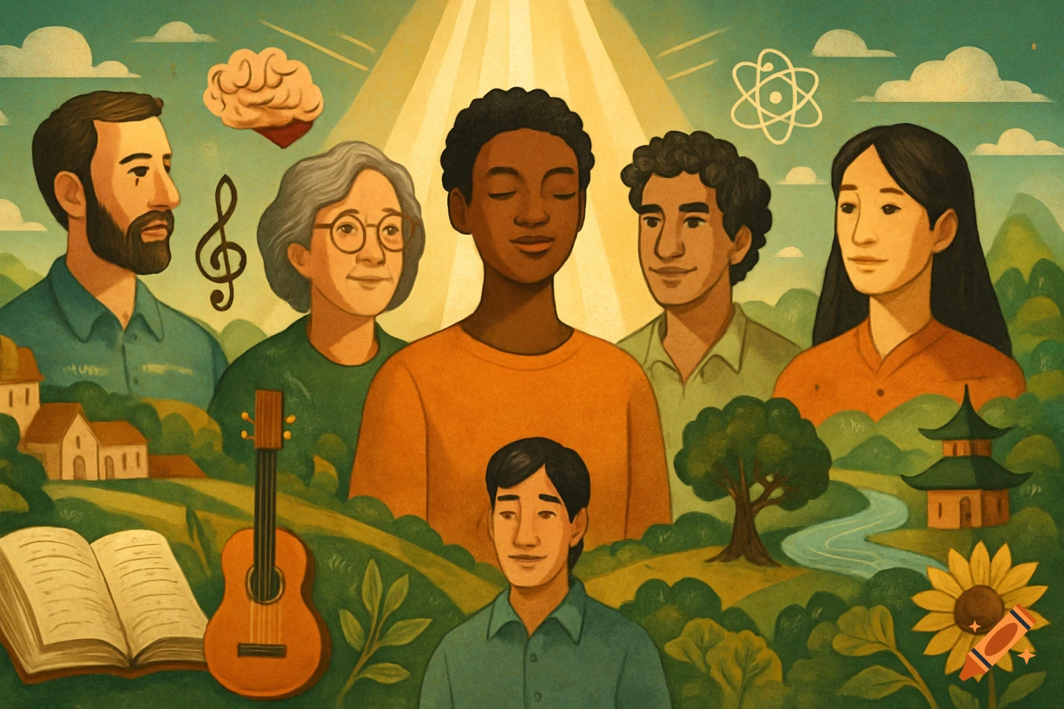Illustrated scene of diverse people among symbols of knowledge, culture, and nature, bathed in light from above.