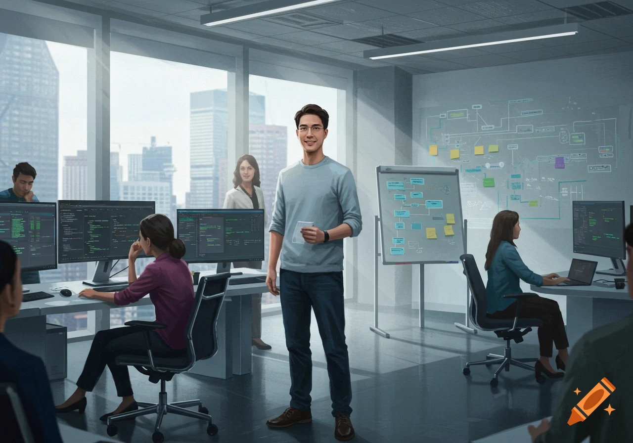 A man stands smiling in a modern office, holding papers, surrounded by colleagues working at computers with a city skyline in the background.