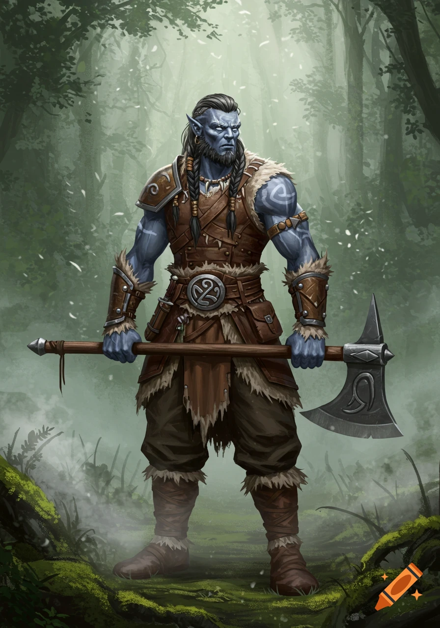 A stoic Firbolg barbarian with gray-blue skin, braided hair, and fur-and-leather armor holds a greataxe in a misty forest. Stylized digital art.