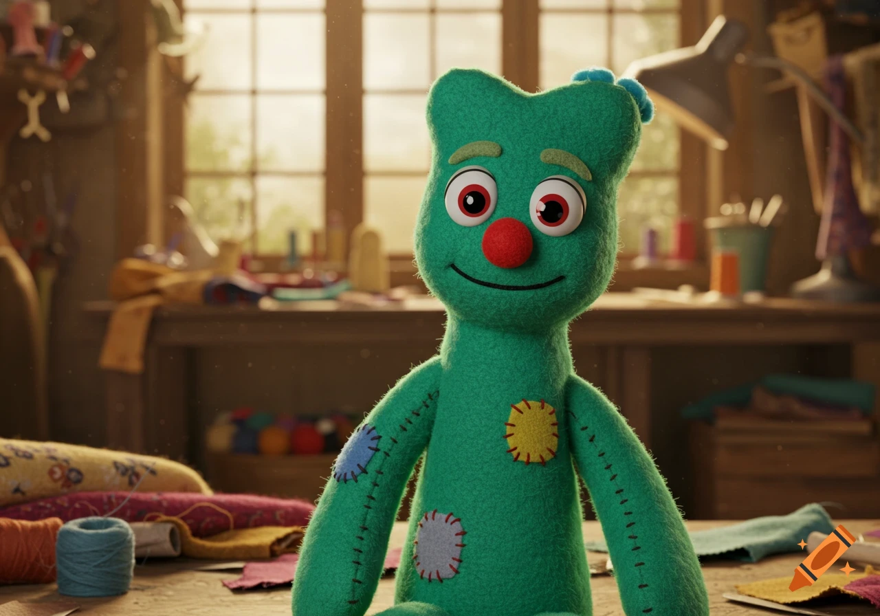 A fuzzy green Gumby-like muppet with patches sits in a sunny craft room filled with fabric and thread.