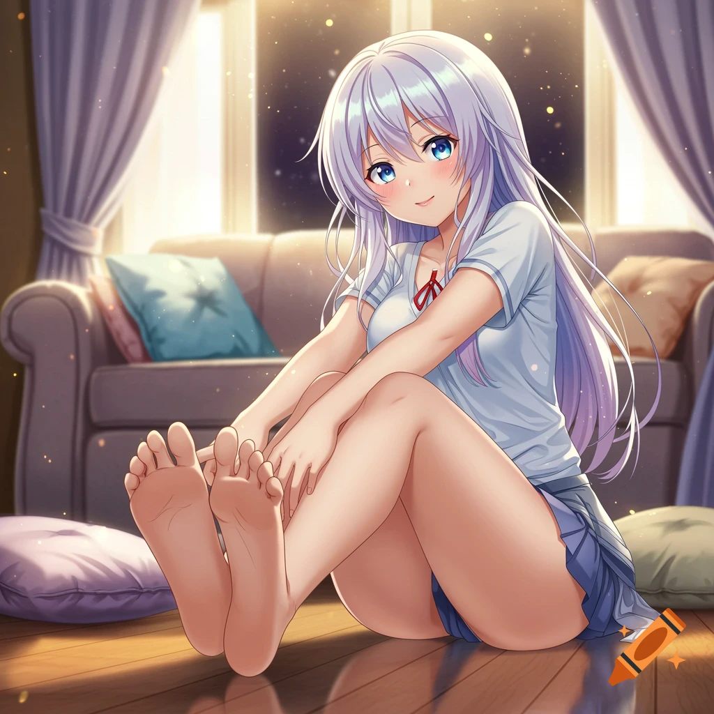 Anime girl with long white hair and blue eyes sitting on a wooden floor, showing her bare feet, in a cozy living room.