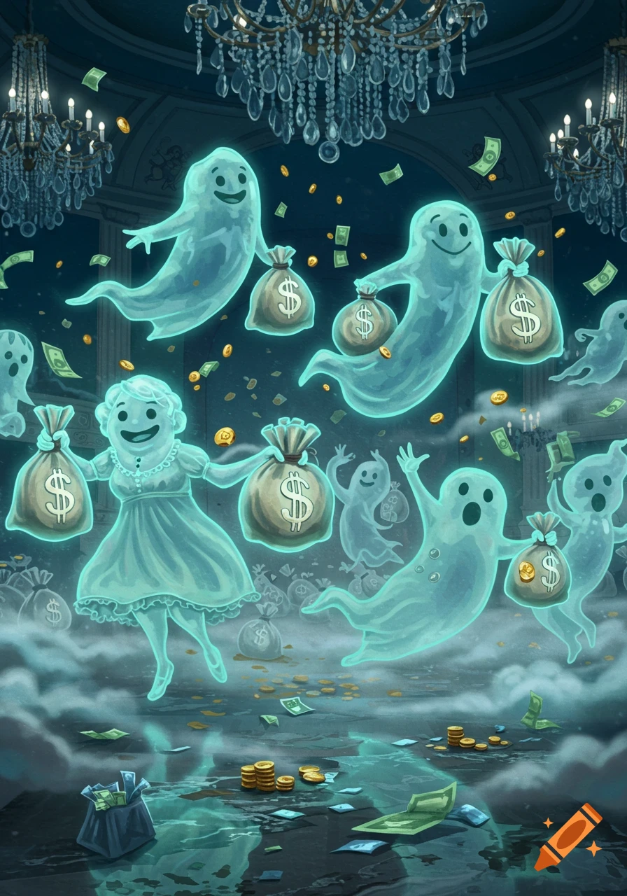 Whimsical illustration of cartoon ghosts floating in a lavish room, holding bags of money and surrounded by falling bills and coins.