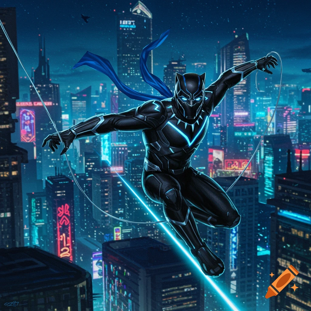 A Black Panther-like vigilante in a black and glowing blue suit with a blue scarf swings on a laser tether over a neon-lit futuristic city at night.