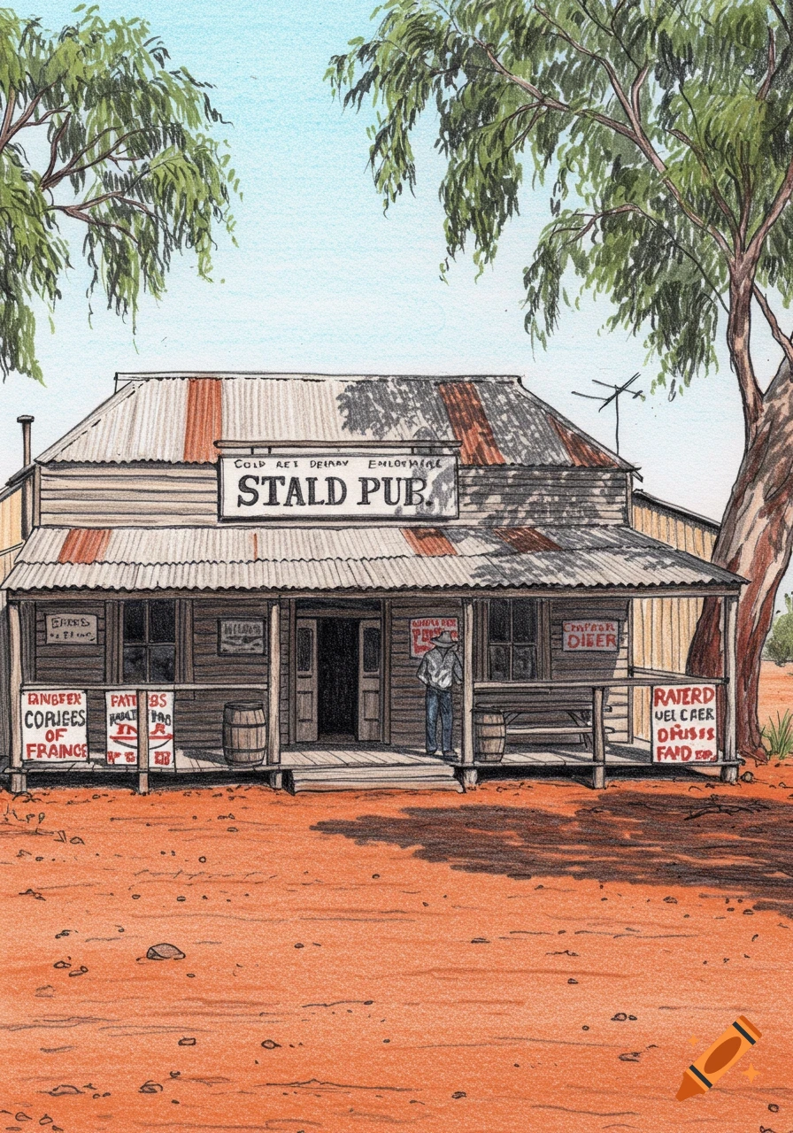 A pencil sketch of an old, weathered outback pub with a rusted corrugated iron roof, surrounded by red dirt and eucalyptus trees.