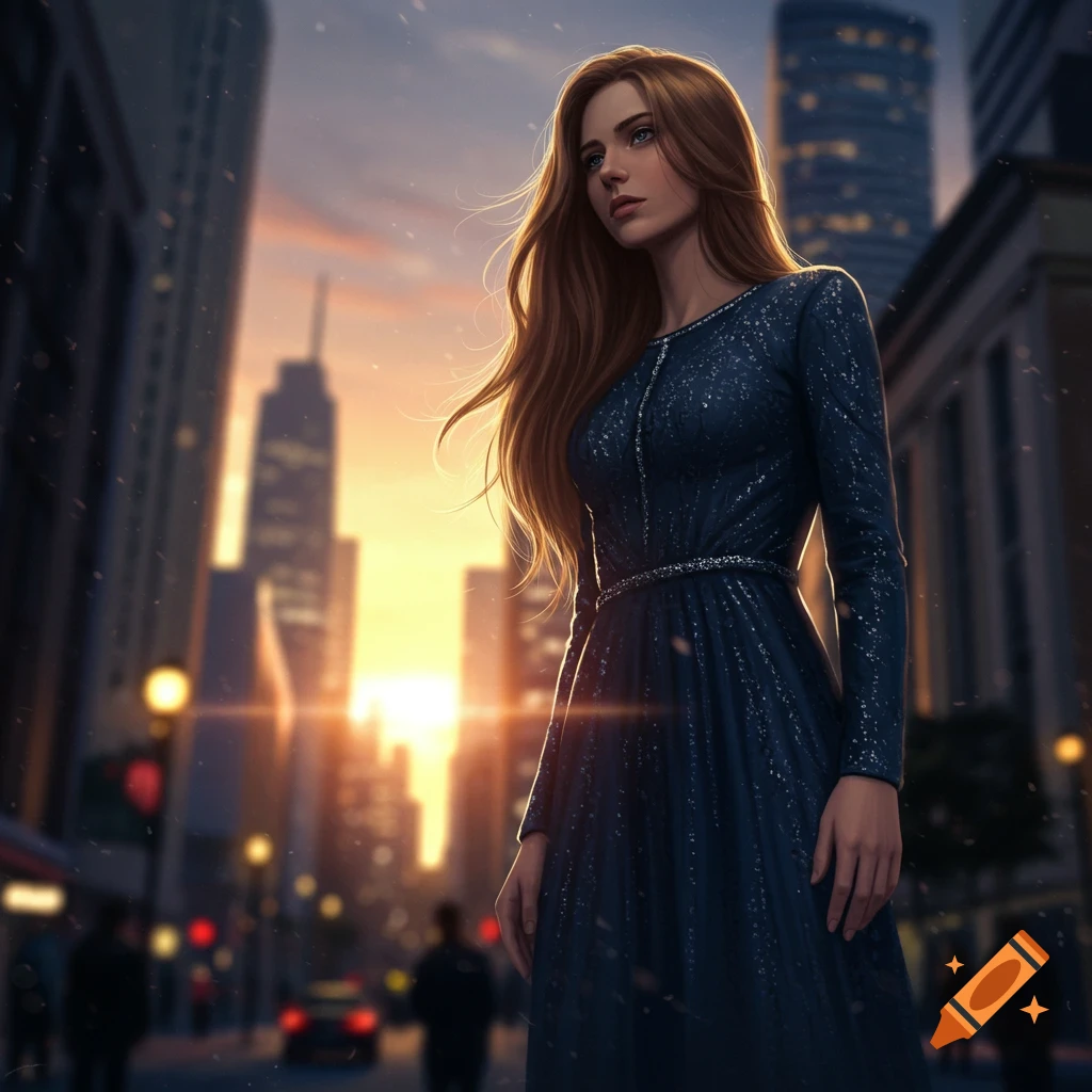 A photorealistic portrait of a woman with long hair in a dark dress, standing on an urban street with city buildings at sunset.