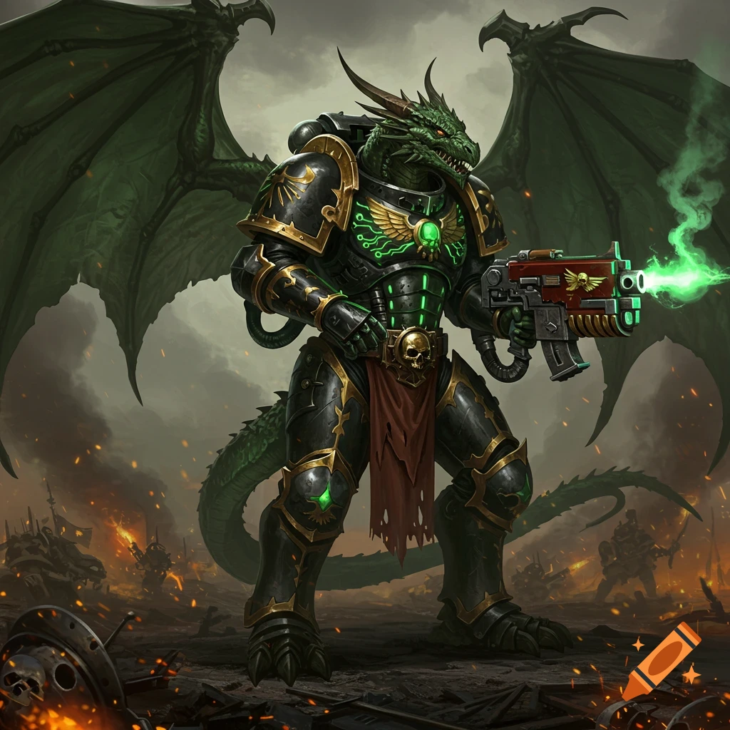 A draconic humanoid in black and gold heavy armor with glowing green circuits, large green wings, and a tail, holding a sci-fi gun that emits green energy, standing amidst a fiery battlefield.