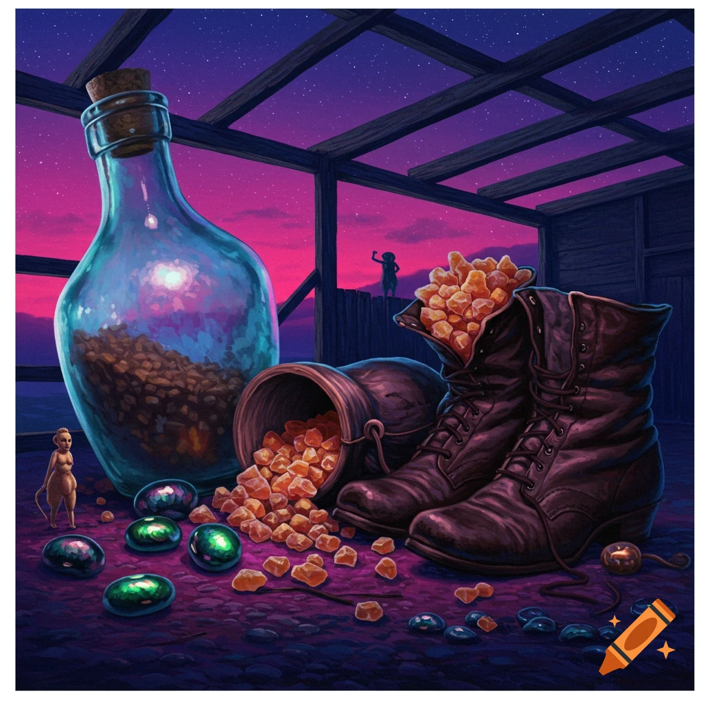 Vibrant, surreal illustration of a large bottle, old boots, scattered amber and green stones, and a small figure under a pink and purple starry sky.