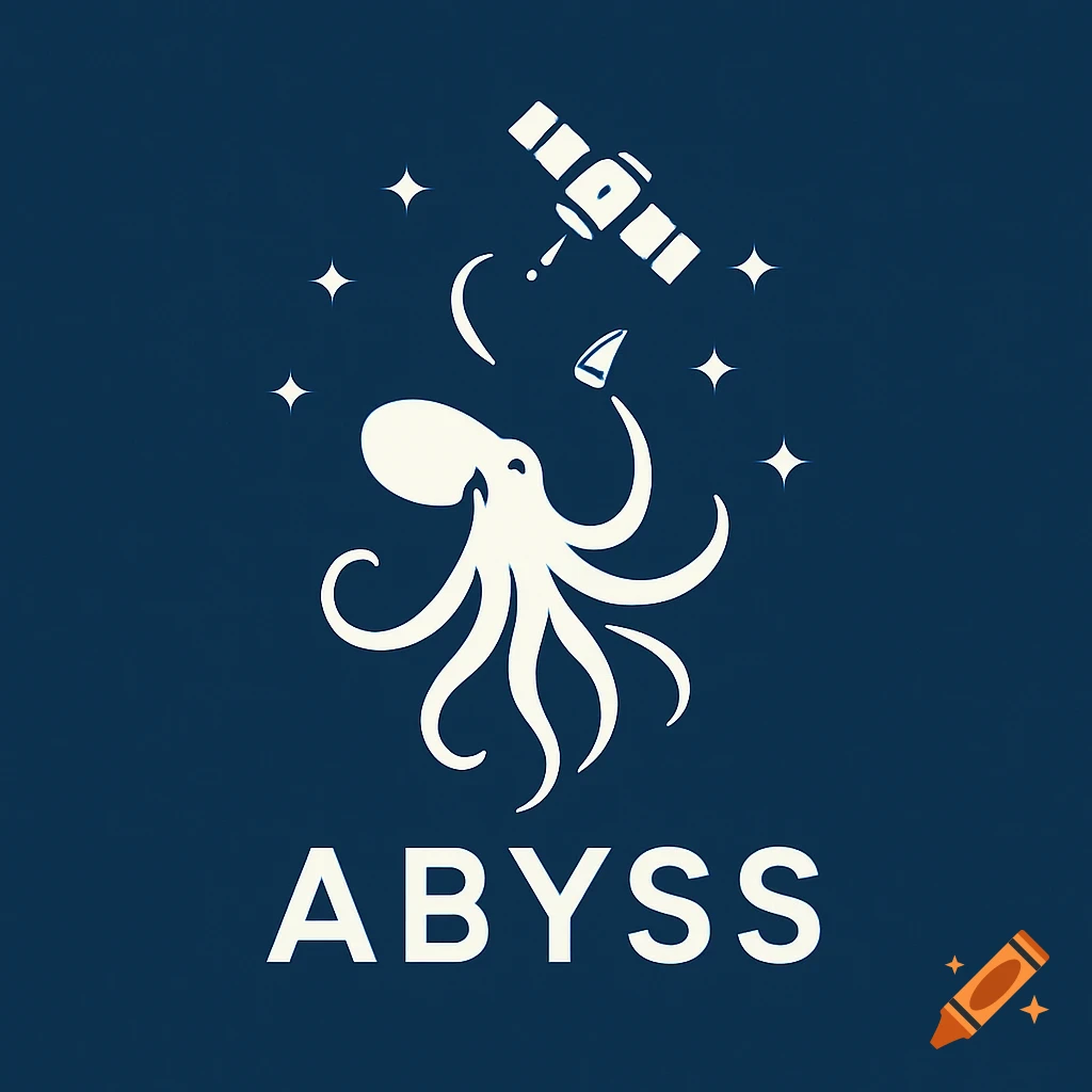 A stylized white logo of an octopus reaching for a satellite surrounded by stars on a dark blue background, with the word ABYSS below.