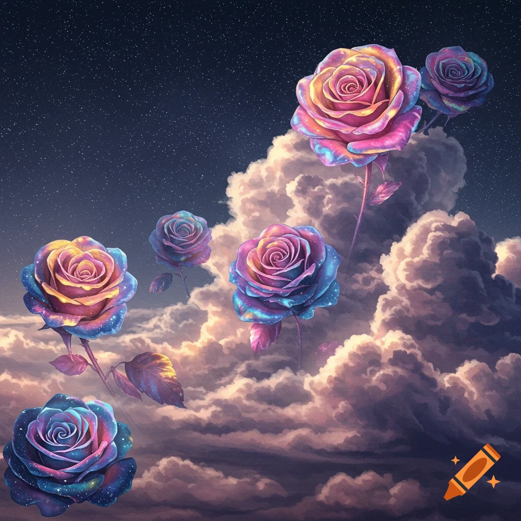 Dreamy image of colorful, glowing roses floating among fluffy clouds in a starry night sky.