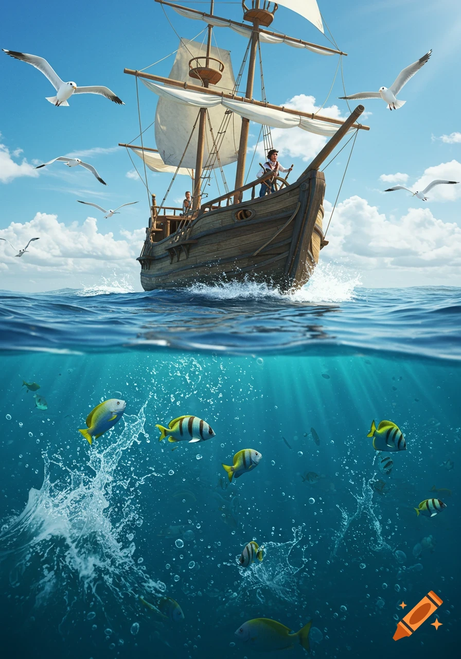 A large wooden sailing ship on a sunny ocean, seen above and below the waterline with fish swimming and seagulls flying.
