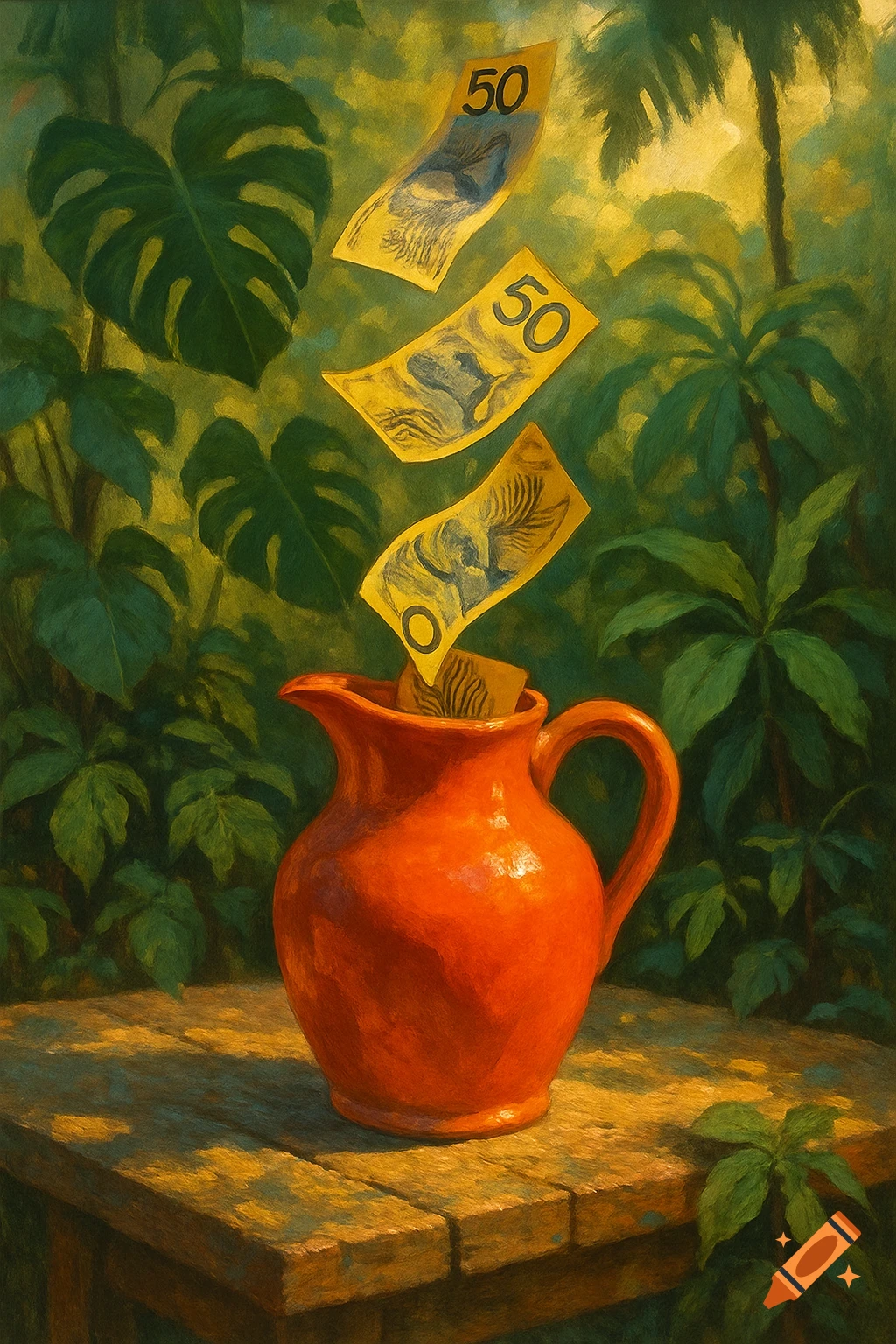 A vivid painting depicts an orange-red glazed jug on a wooden table. Australian $50 notes fall into the jug amidst lush green jungle foliage.