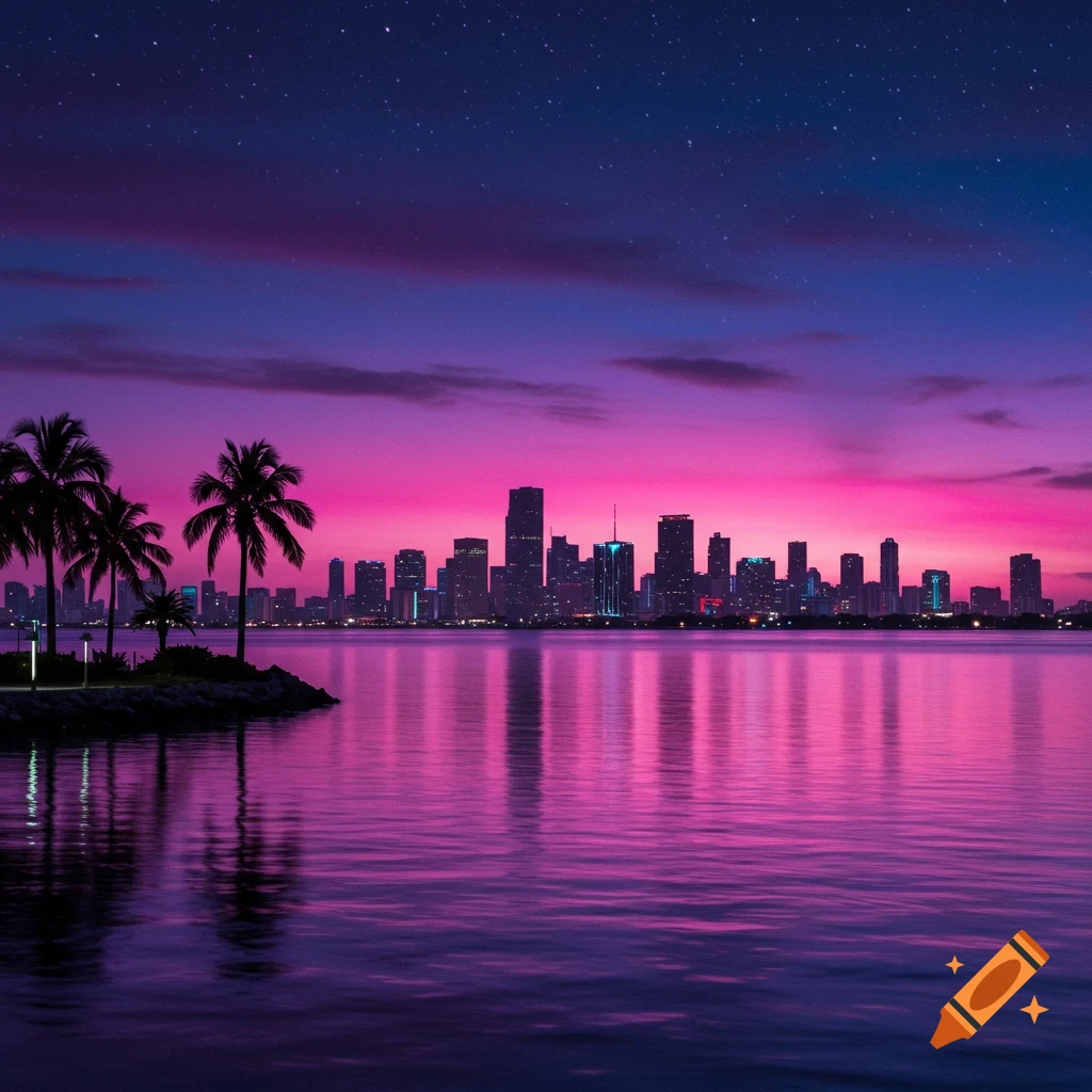 Miami downtown skyline with palm trees, reflected in pink and purple waters under a starry, synthwave-style sunset sky.