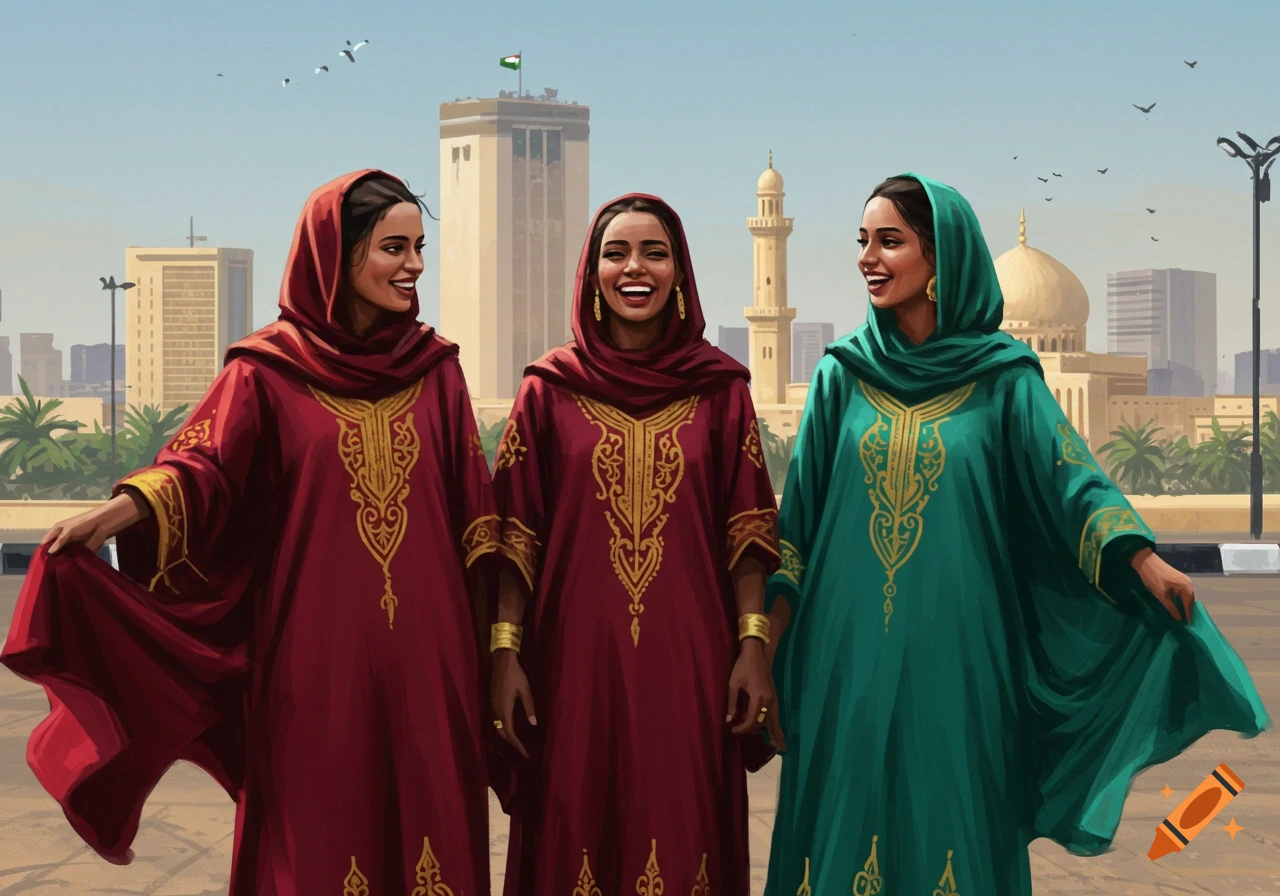 Three smiling Sudanese women in traditional red and teal thobes stand on a city street with buildings and a mosque in the background, in an illustrative style.