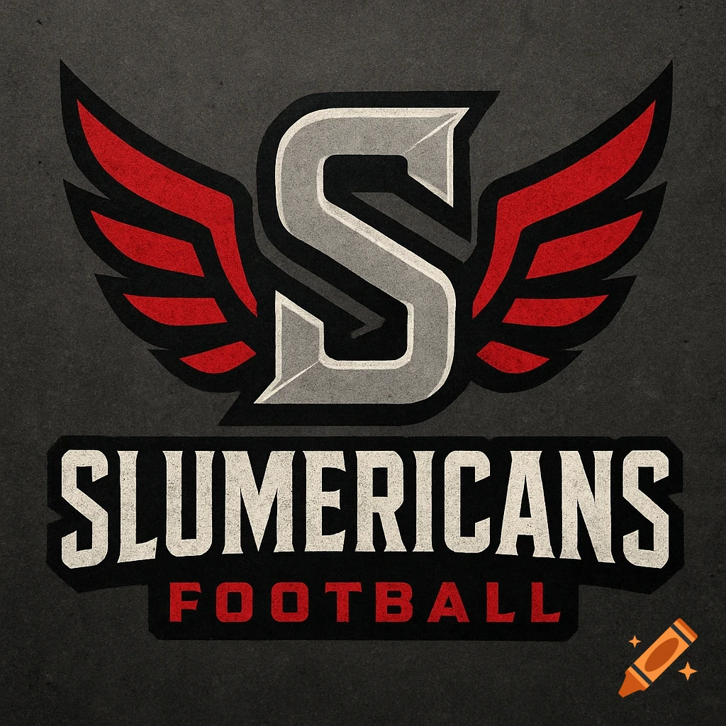 A dark, textured sports logo featuring a stylized silver 'S' with outstretched red and black wings, above the words 'SLUMERICANS' and 'FOOTBALL' in bold white text.