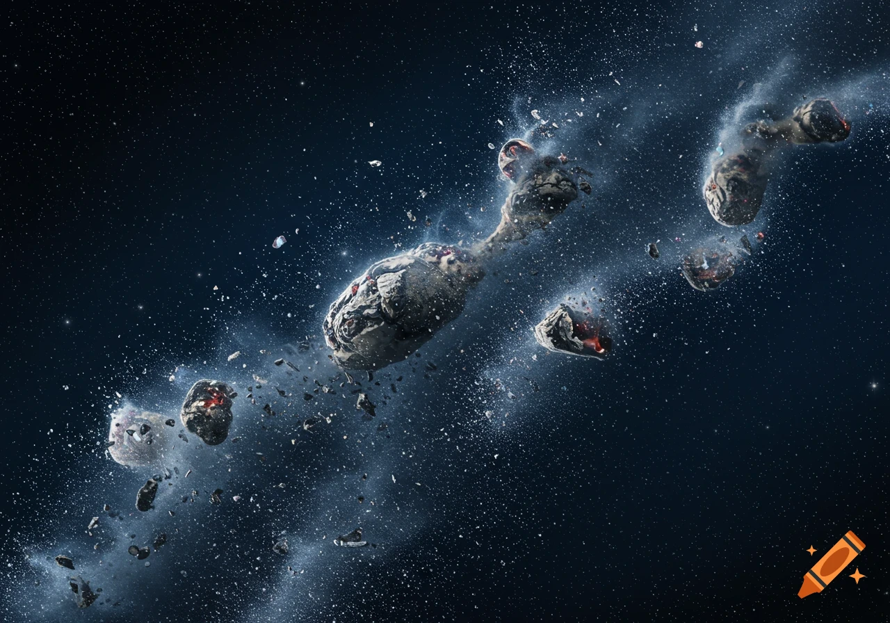 Fragmented asteroids with glowing red cores breaking apart, trailing smoke and debris through dark, star-filled space.