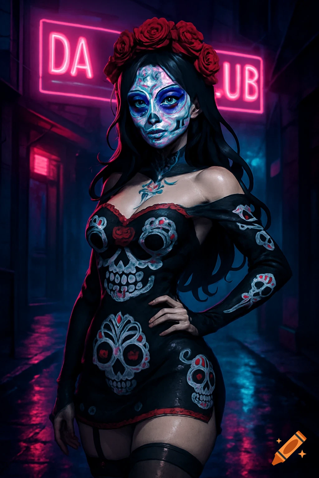 Woman in Dia de los Muertos skull makeup and a black dress with skull designs, red roses in her hair, standing by a neon sign.